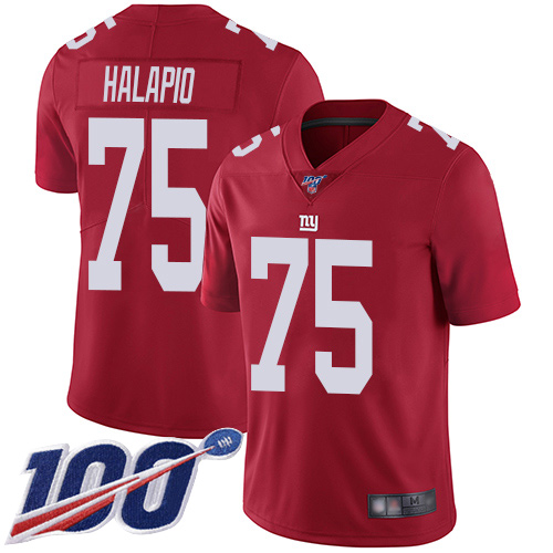 Men New York Giants 75 Jon Halapio Red Limited Red Inverted Legend 100th Season Football NFL Jersey